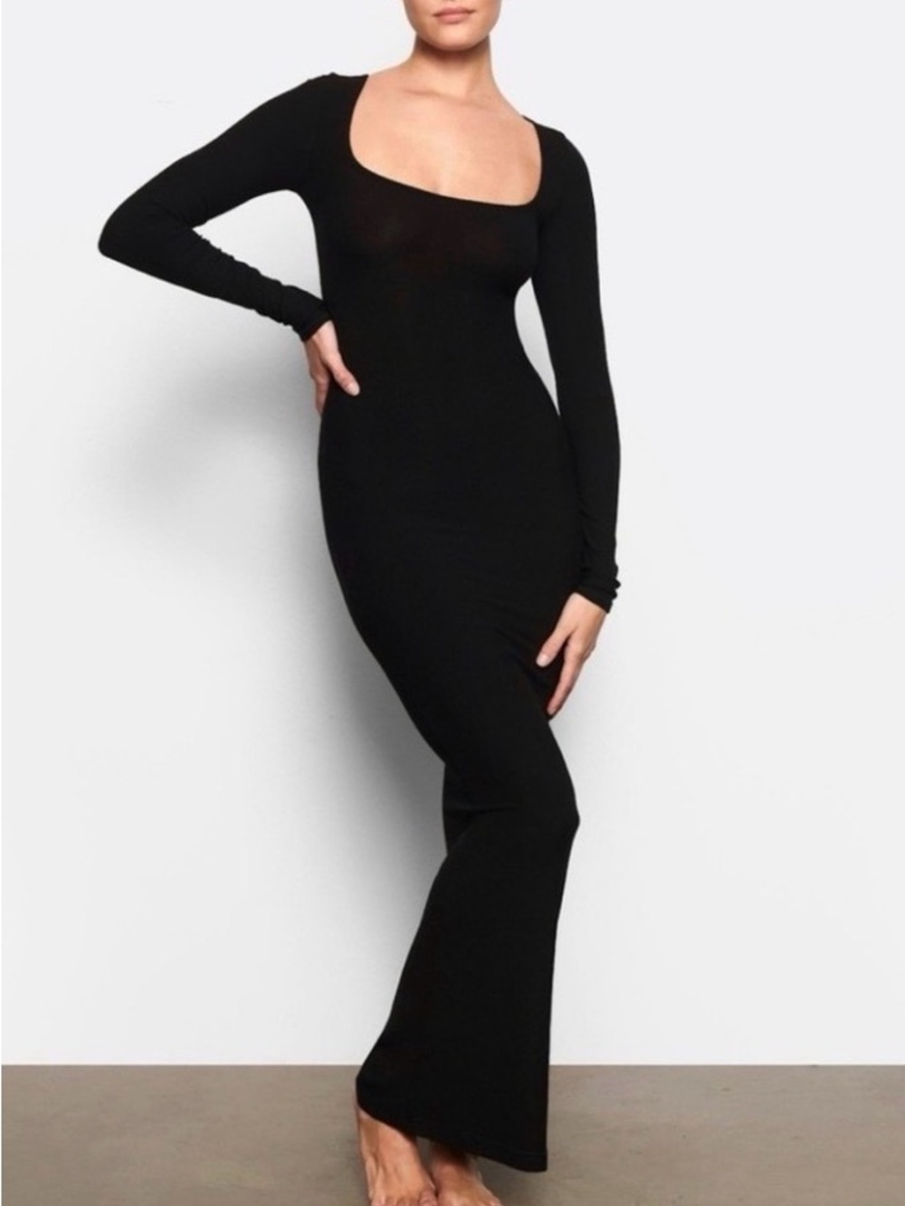 NWT SKIMS Soft Lounge Ribbed Modal Maxi Stretch Dress Onyx Black Sz Large